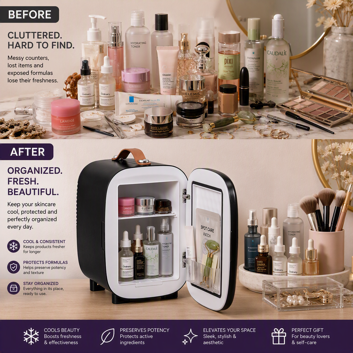 VirelloSA Beauty Fridge full branded poster — the fridge every skincare lover needs