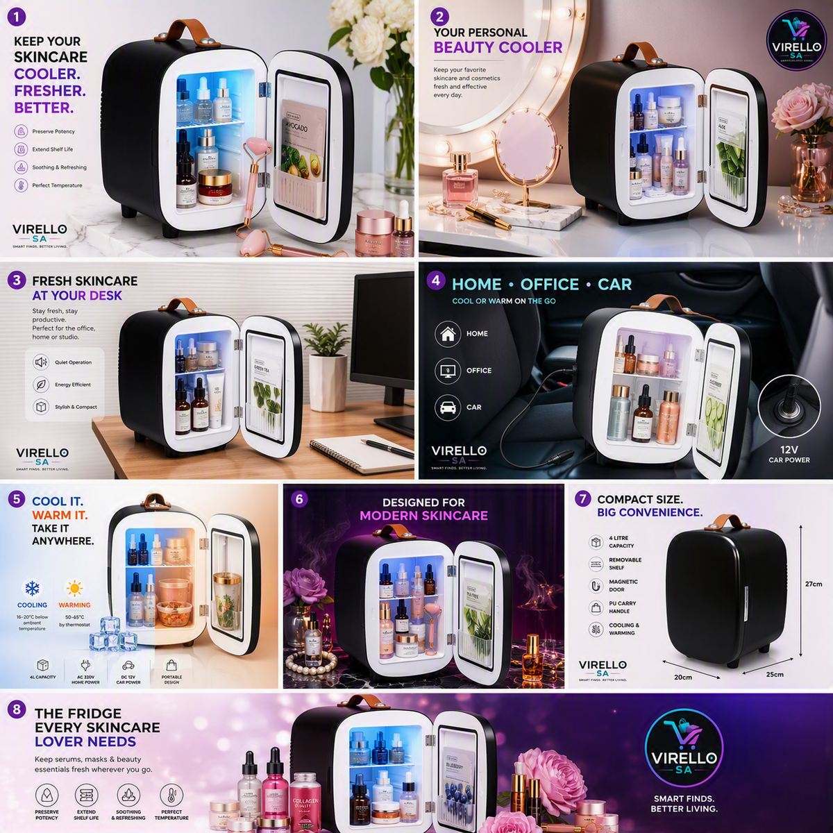 Virello Beauty Fridge premium flat lay lifestyle with skincare products