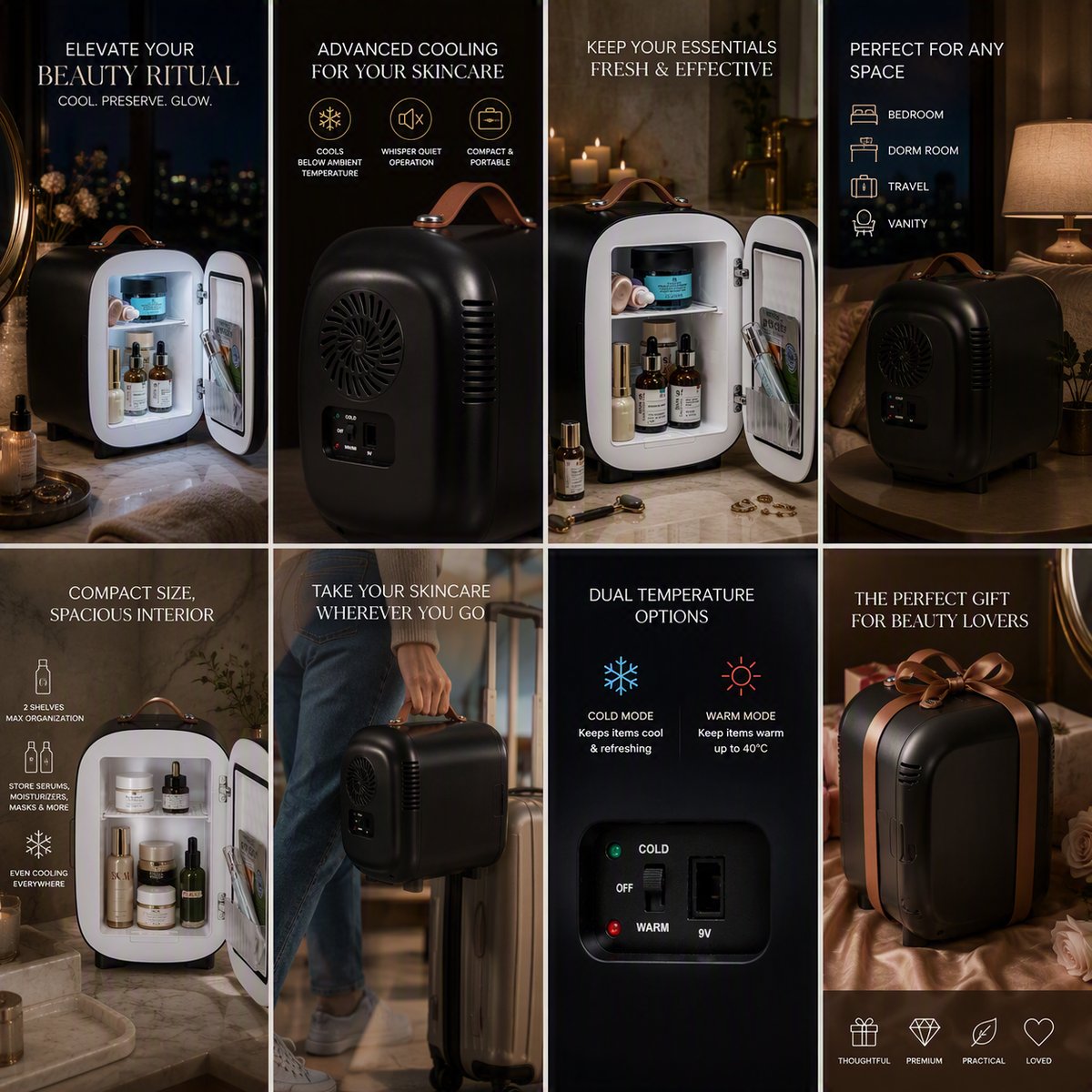 Virello Beauty Fridge lifestyle grid — cool in summer warm in winter dual temperature