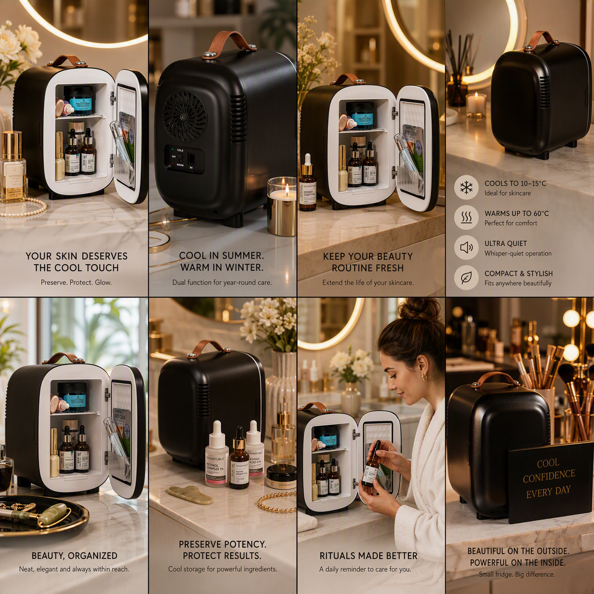 Virello Beauty Fridge open on marble bathroom vanity with premium skincare serums